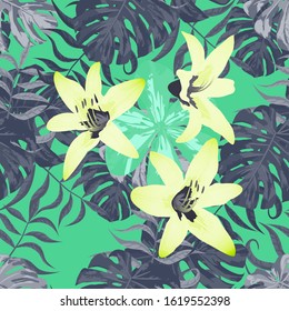 Philippine Flowers. Big Texture. Seamless Tropical Pattern with Brasilian Rainforest. Retro Background for Paper, Fabric, Wallpaper. Vector Seamless Pattern with Philippine Flowers
