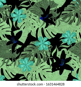 Philippine Flowers. Big Texture. Seamless Tropical Pattern with Hawaiian Jungle. Trendy Background for Paper, Underwear, Swimwear. Vector Seamless Pattern with Philippine Flowers