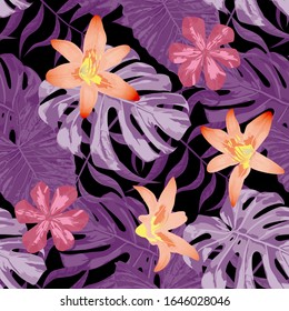 Philippine Flowers. Big Texture. Seamless Tropical Pattern with Brasilian Rainforest. Modern Background for Curtain, Swimwear, Wallpaper. Vector Seamless Pattern with Philippine Flowers