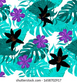 Philippine Flowers. Big Texture. Seamless Tropical Pattern with Indonesian Rainforest. Vintage Background for Swimwear, Paper, Fabric. Vector Seamless Pattern with Philippine Flowers