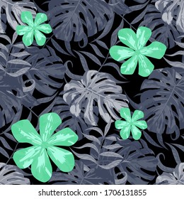 Philippine Flowers. Big Texture. Seamless Tropical Pattern with Brasilian Jungle. Vintage Background for Dress, Curtain, Tablecloth. Vector Seamless Pattern with Philippine Flowers