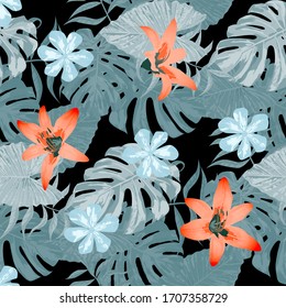 Philippine Flowers. Big Texture. Seamless Tropical Pattern with Indian Rainforest. Retro Background for Curtain, Paper, Dress. Vector Seamless Pattern with Philippine Flowers