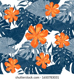 Philippine Flowers. Big Texture. Trendy Background for Shirt, Dress, Paper. Seamless Tropical Pattern with Australian Rainforest. Vector Seamless Pattern with Philippine Flowers
