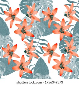 Philippine Flowers. Big Texture. Trendy Background for Wallpaper, Swimwear, Cloth. Seamless Tropical Pattern with Hawaiian Jungle. Vector Seamless Pattern with Philippine Flowers