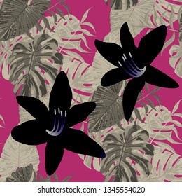 Philippine Flowers. Big Texture. Vintage Background for Tablecloth, Curtain, Wallpaper. Seamless Tropical Pattern with Hawaiian Jungle. Vector Seamless Pattern with Philippine Flowers