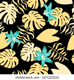 Philippine Flowers. Big Texture. Vintage Background for Wallpaper, Cloth, Fabric. Seamless Tropical Pattern with Brasilian Rainforest. Vector Seamless Pattern with Philippine Flowers