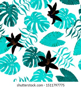 Philippine Flowers. Modern Background for Shirt, Tablecloth, Swimwear. Seamless Tropical Pattern with Indonesian Rainforest. Big Texture. Vector Seamless Pattern with Philippine Flowers