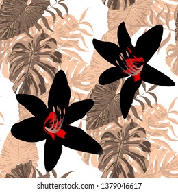 Philippine Flowers. Retro Background for Cloth, Curtain, Fabric. Big Texture. Seamless Tropical Pattern with Hawaiian Rainforest. Vector Seamless Pattern with Philippine Flowers