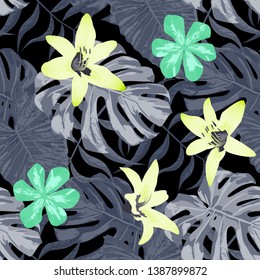 Philippine Flowers. Retro Background for Curtain, Cloth, Swimwear. Seamless Tropical Pattern with Brasilian Jungle. Big Texture. Vector Seamless Pattern with Philippine Flowers