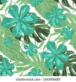 Philippine Flowers. Retro Background for Dress, Swimwear, Curtain. Big Texture. Seamless Tropical Pattern with Indian Jungle. Vector Seamless Pattern with Philippine Flowers