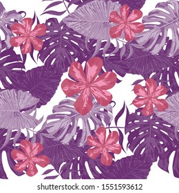 Philippine Flowers. Retro Background for Paper, Tablecloth, Swimwear. Seamless Tropical Pattern with Australian Rainforest. Big Texture. Vector Seamless Pattern with Philippine Flowers