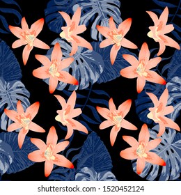 Philippine Flowers. Retro Background for Swimwear, Fabric, Wallpaper. Seamless Tropical Pattern with Hawaiian Jungle. Big Texture. Vector Seamless Pattern with Philippine Flowers