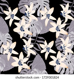 Philippine Flowers. Retro Background for Swimwear, Fabric, Shirt. Seamless Tropical Pattern with Australian Rainforest. Big Texture. Vector Seamless Pattern with Philippine Flowers