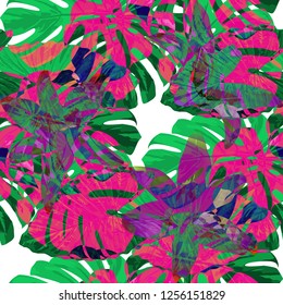 Philippine Flowers. Seamless Pattern with Australian Jungle. Retro Texture with Exotic Leaves and Flowers for, Fabric, Cloth, Underwear. Vector Seamless Pattern with Philippine Flowers