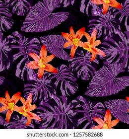 Philippine Flowers. Seamless Pattern with Australian Rainforest. Vintage Texture with Exotic Leaves and Flowers for, Paper, Swimwear, Wallpaper. Vector Seamless Pattern with Philippine Flowers