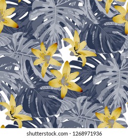 Philippine Flowers. Seamless Pattern with Australian Jungle. Modern Texture with Exotic Leaves and Flowers for, Shirt, Swimwear, Dress. Vector Seamless Pattern with Philippine Flowers