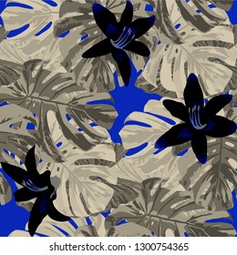 Philippine Flowers. Seamless Pattern with Australian Rainforest. Vintage Texture with Exotic Leaves and Flowers for, Fabric, Curtain, Tablecloth. Vector Seamless Pattern with Philippine Flowers
