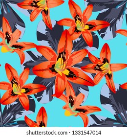 Philippine Flowers. Seamless Pattern with Australian Rainforest. Retro Background for Paper, Tablecloth, Swimwear. Big Texture in Fresh Colors. Vector Seamless Pattern with Philippine Flowers