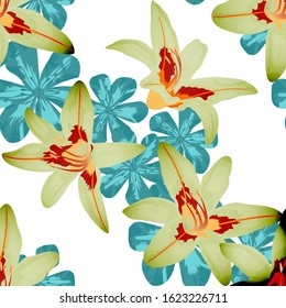 Philippine Flowers. Seamless Pattern with Brasilian Jungle. Big Texture in Fresh Colors. Trendy Background for Curtain, Wallpaper, Fabric. Vector Seamless Pattern with Philippine Flowers