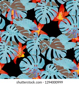 Philippine Flowers. Seamless Pattern with Bright Tropical Flowers and Leaves. Retro Seamless Texture for, Dress, Paper, Shirt. Vector Seamless Pattern with Philippine Flowers