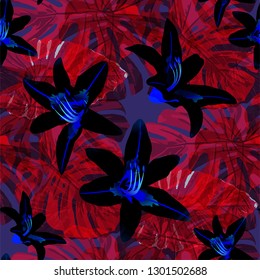 Philippine Flowers. Seamless Pattern with Bright Tropical Flowers and Leaves. Vintage Seamless Texture for, Dress, Fabric, Curtain. Vector Seamless Pattern with Philippine Flowers