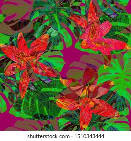 Philippine Flowers. Seamless Pattern with Bright Tropical Flowers and Leaves. Trendy Seamless Texture for, Cloth, Tablecloth, Dress. Vector Seamless Pattern with Philippine Flowers