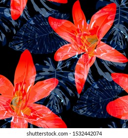 Philippine Flowers. Seamless Pattern with Bright Tropical Flowers and Leaves. Vintage Seamless Texture for, Dress, Cloth, Underwear. Vector Seamless Pattern with Philippine Flowers