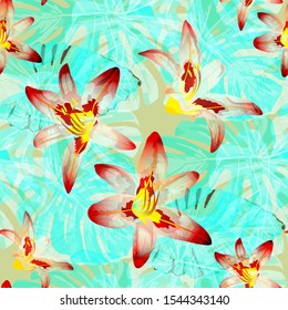 Philippine Flowers. Seamless Pattern with Bright Tropical Flowers and Leaves. Vintage Seamless Texture for, Fabric, Curtain, Tablecloth. Vector Seamless Pattern with Philippine Flowers