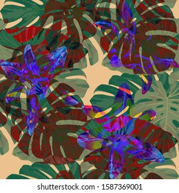 Philippine Flowers. Seamless Pattern with Bright Tropical Flowers and Leaves. Vintage Seamless Texture for, Tablecloth, Wallpaper, Underwear. Vector Seamless Pattern with Philippine Flowers