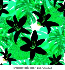 Flores filipinas. Patrón sin inconvenientes con Flores y Hojas Tropicales Brillantes. Textura retro sin soldadura para papel, cortina, tela. Patrón vectorial sin problemas con flores filipinas
