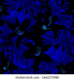 Philippine Flowers. Seamless Pattern with Bright Tropical Flowers and Leaves. Retro Seamless Texture for, Wallpaper, Fabric, Cloth. Vector Seamless Pattern with Philippine Flowers