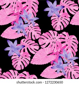 Philippine Flowers. Seamless Pattern with Hawaiian Jungle. Retro Texture with Exotic Leaves and Flowers for, Tablecloth, Underwear, Swimwear. Vector Seamless Pattern with Philippine Flowers