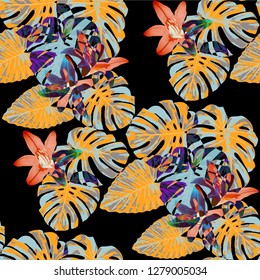 Philippine Flowers. Seamless Pattern with Hawaiian Rainforest. Trendy Texture with Exotic Leaves and Flowers for, Fabric, Curtain, Dress. Vector Seamless Pattern with Philippine Flowers