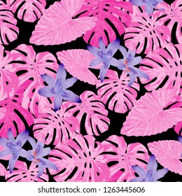 Philippine Flowers. Seamless Pattern with Indian Jungle. Vintage Texture with Exotic Leaves and Flowers for, Underwear, Shirt, Wallpaper. Vector Seamless Pattern with Philippine Flowers
