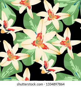 Philippine Flowers. Seamless Pattern with Indian Jungle. Big Texture in Fresh Colors. Retro Background for Curtain, Paper, Swimwear. Vector Seamless Pattern with Philippine Flowers