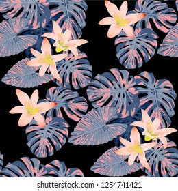 Philippine Flowers. Seamless Pattern with Indonesian Jungle. Modern Colorful Texture with Tropical Leaves and Flowers for Chintz, Curtain, Paper. Vector Seamless Background.