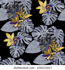 Philippine Flowers. Seamless Pattern with Indonesian Jungle. Retro Texture with Exotic Leaves and Flowers for, Swimwear, Fabric, Cloth. Vector Seamless Pattern with Philippine Flowers