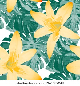 Philippine Flowers. Seamless Pattern with Indonesian Rainforest. Retro Texture with Exotic Leaves and Flowers for, Wallpaper, Shirt, Paper. Vector Seamless Pattern with Philippine Flowers