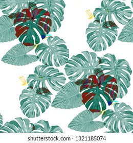 Philippine Flowers. Seamless Pattern with Indonesian Jungle. Vintage Texture with Exotic Leaves and Flowers for, Shirt, Cloth, Swimwear. Vector Seamless Pattern with Philippine Flowers