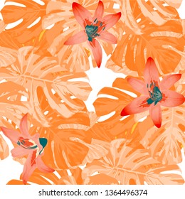 Philippine Flowers. Seamless Pattern with Indonesian Rainforest. Retro Texture with Exotic Leaves and Flowers for, Shirt, Curtain, Fabric. Vector Seamless Pattern with Philippine Flowers