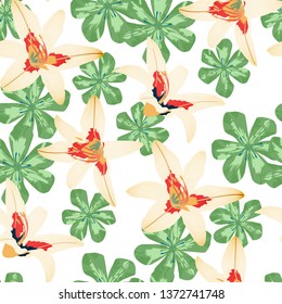 Philippine Flowers. Seamless Pattern with Indonesian Jungle. Trendy Background for Underwear, Fabric, Tablecloth. Big Texture in Fresh Colors. Vector Seamless Pattern with Philippine Flowers