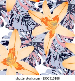 Philippine Flowers. Seamless Pattern with Tropic Leaves and Flowers.