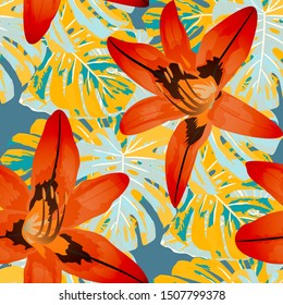 Philippine Flowers. Seamless Pattern with Tropic Leaves and Flowers.