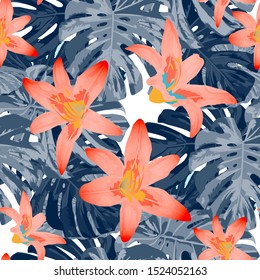 Philippine Flowers. Seamless Pattern with Tropic Leaves and Flowers.
