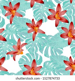 Philippine Flowers. Seamless Pattern with Tropic Leaves and Flowers.