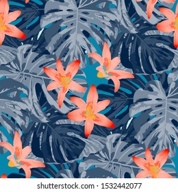 Philippine Flowers. Seamless Pattern with Tropic Leaves and Flowers.