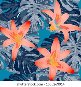 Philippine Flowers. Seamless Pattern with Tropic Leaves and Flowers.
