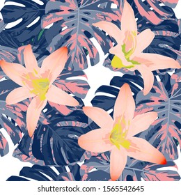 Philippine Flowers. Seamless Pattern with Tropic Leaves and Flowers.