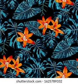 Philippine Flowers. Seamless Pattern with Tropic Leaves and Flowers.