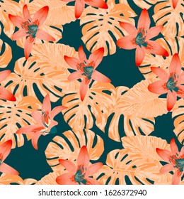 Philippine Flowers. Seamless Pattern with Tropic Leaves and Flowers.